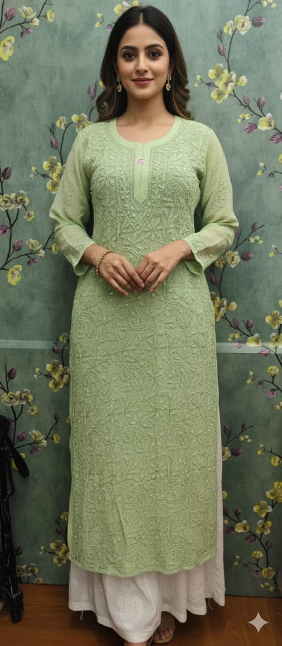Chikankari Viscous Georgtte Kurti By Rudra Chikan 