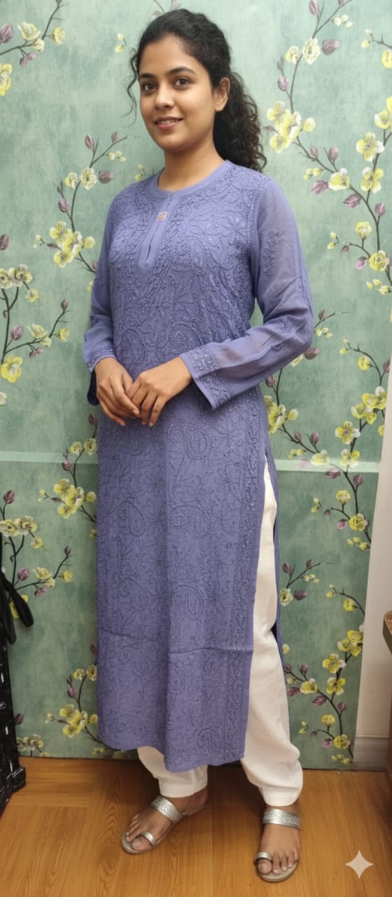 Chikankari Viscous Georgtte Kurti By Rudra Chikan 