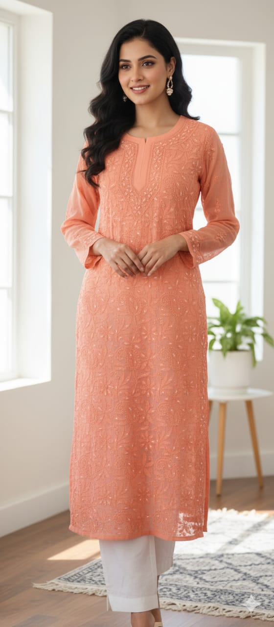 Chikankari Viscous Georgtte Kurti By Rudra Chikan 