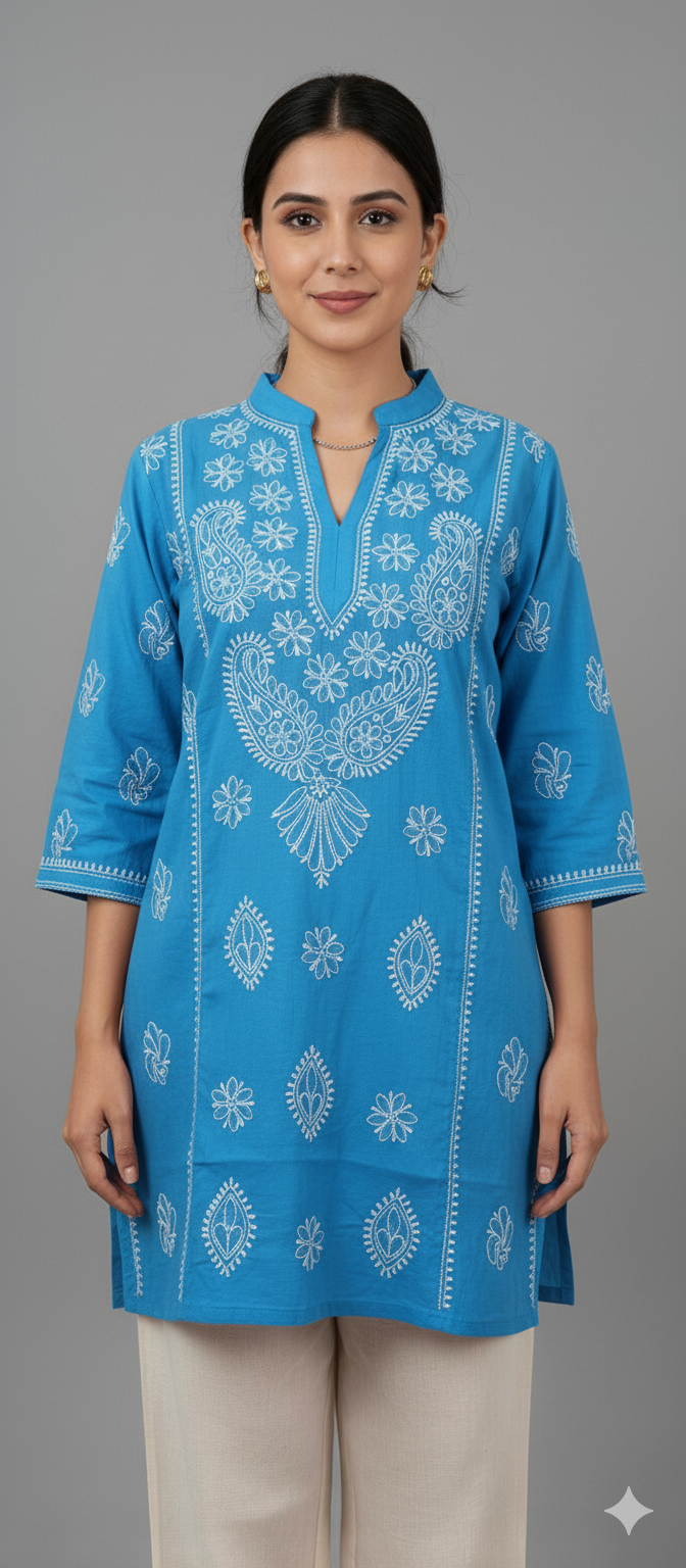 Chikankari Short Bhkiya Emnrodiery Short Kurti