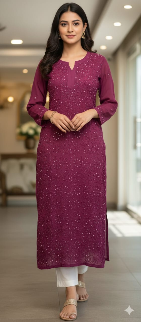 Chikankari Viscous Georgtte Kurti By Rudra Chikan 